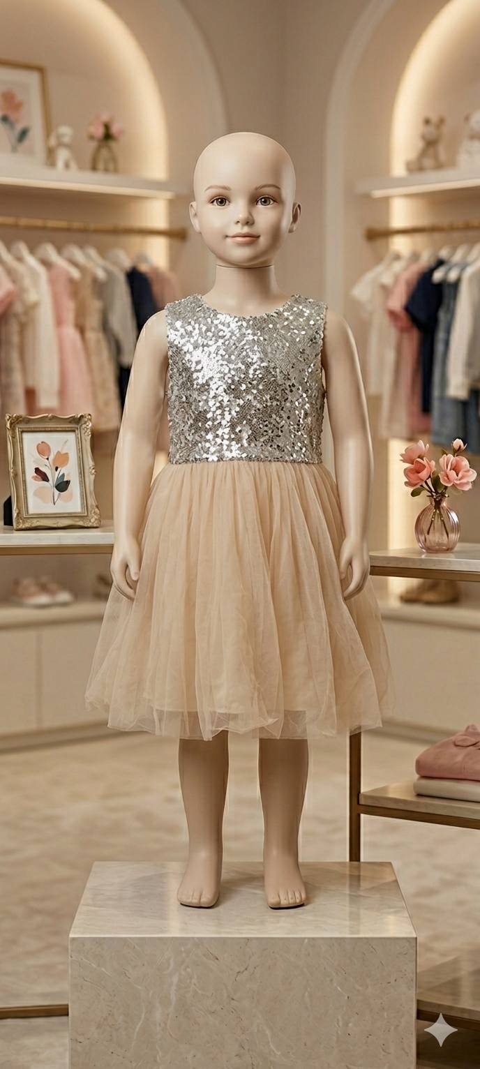 Silver Sequin Top with Champagne Tulle Frock – Girls