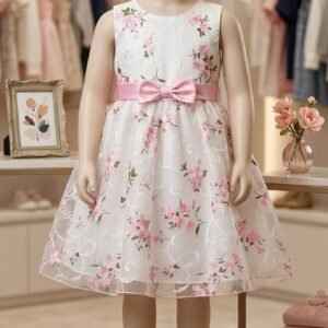 White Floral Embroidered Bow Tulle Frock – Girls