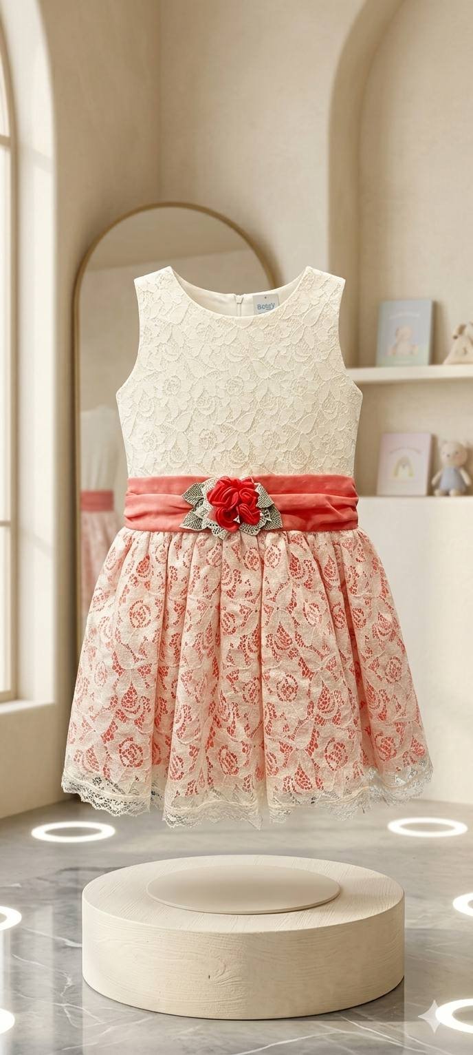 Ivory & Coral Lace Rose Waist Frock – Girls