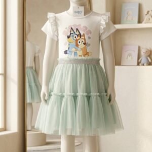 White Cartoon Print Ruffle Tulle Dress – Girls