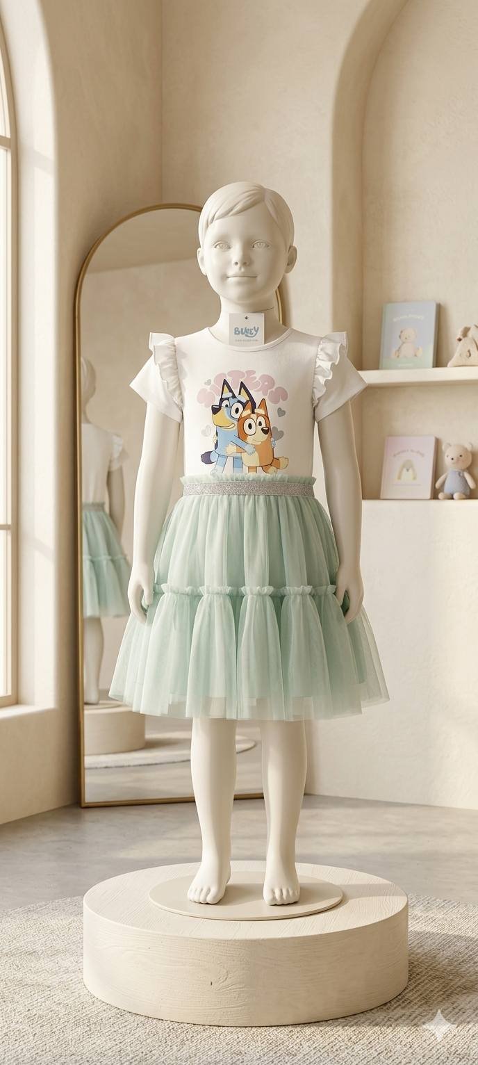 White Cartoon Print Ruffle Tulle Dress – Girls