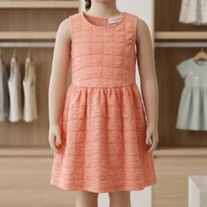 Coral Textured Sleeveless Casual Dress – Girls