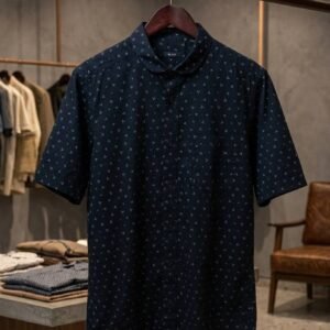 Navy Blue Printed Half Sleeve Polo Shirt – Men's Premium
