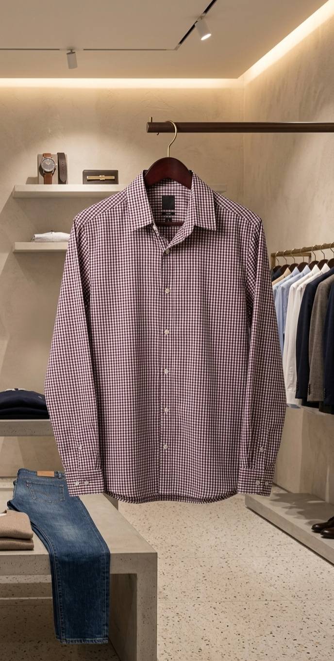 Maroon & White Gingham Check Shirt โ Men's Premium