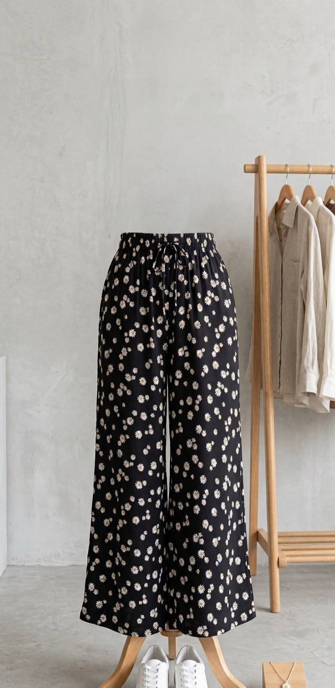 Black Daisy Print Wide Leg Drawstring Plazoo – Ladies