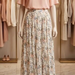 Pink Lace Top with Floral Pleated Midi Skirt – Ladies Set