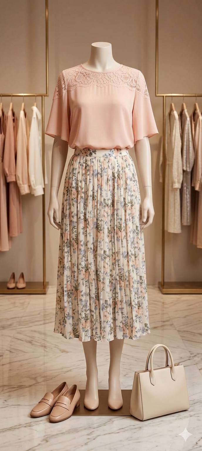 Pink Lace Top with Floral Pleated Midi Skirt – Ladies Set
