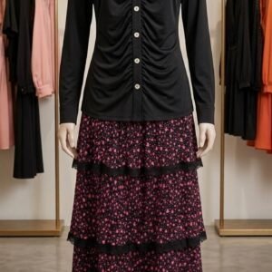 Black Ruched Shirt with Black Floral Tiered Midi Skirt – Ladies Set