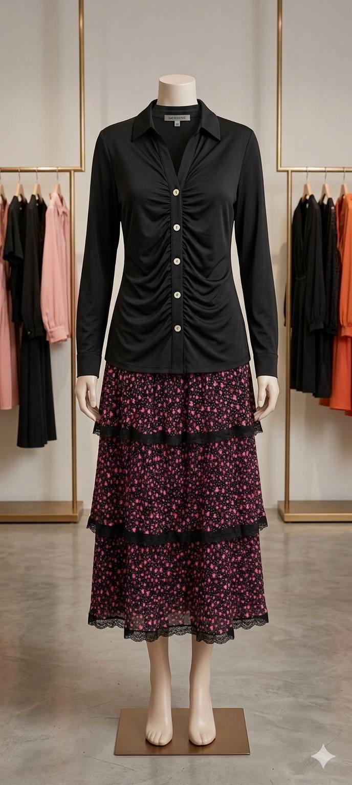 Black Ruched Shirt with Black Floral Tiered Midi Skirt – Ladies Set