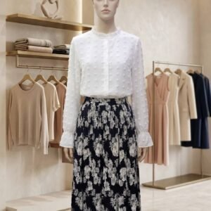 White Dobby Chiffon Top with Black Floral Pleated Skirt – Ladies Set