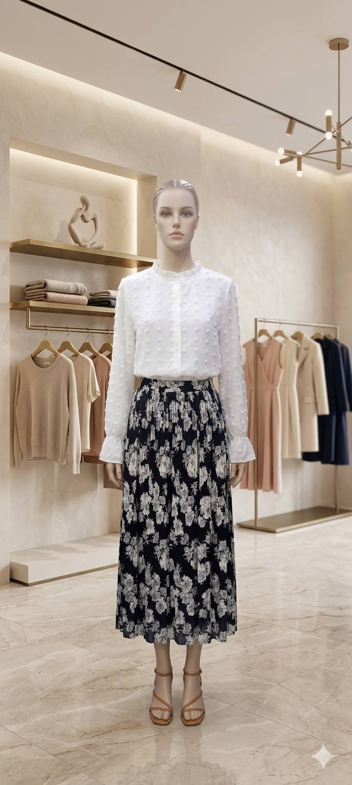 White Dobby Chiffon Top with Black Floral Pleated Skirt – Ladies Set