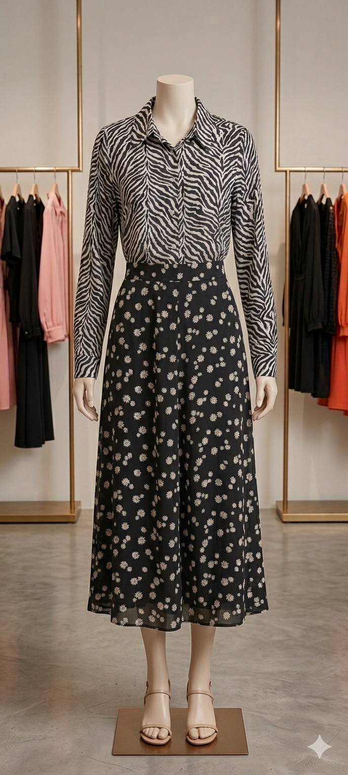 Zebra Print Shirt with Black Daisy Flared Midi Skirt – Ladies Set