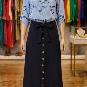 Blue Script Print Shirt with Navy Button-Down Maxi Skirt – Ladies Set