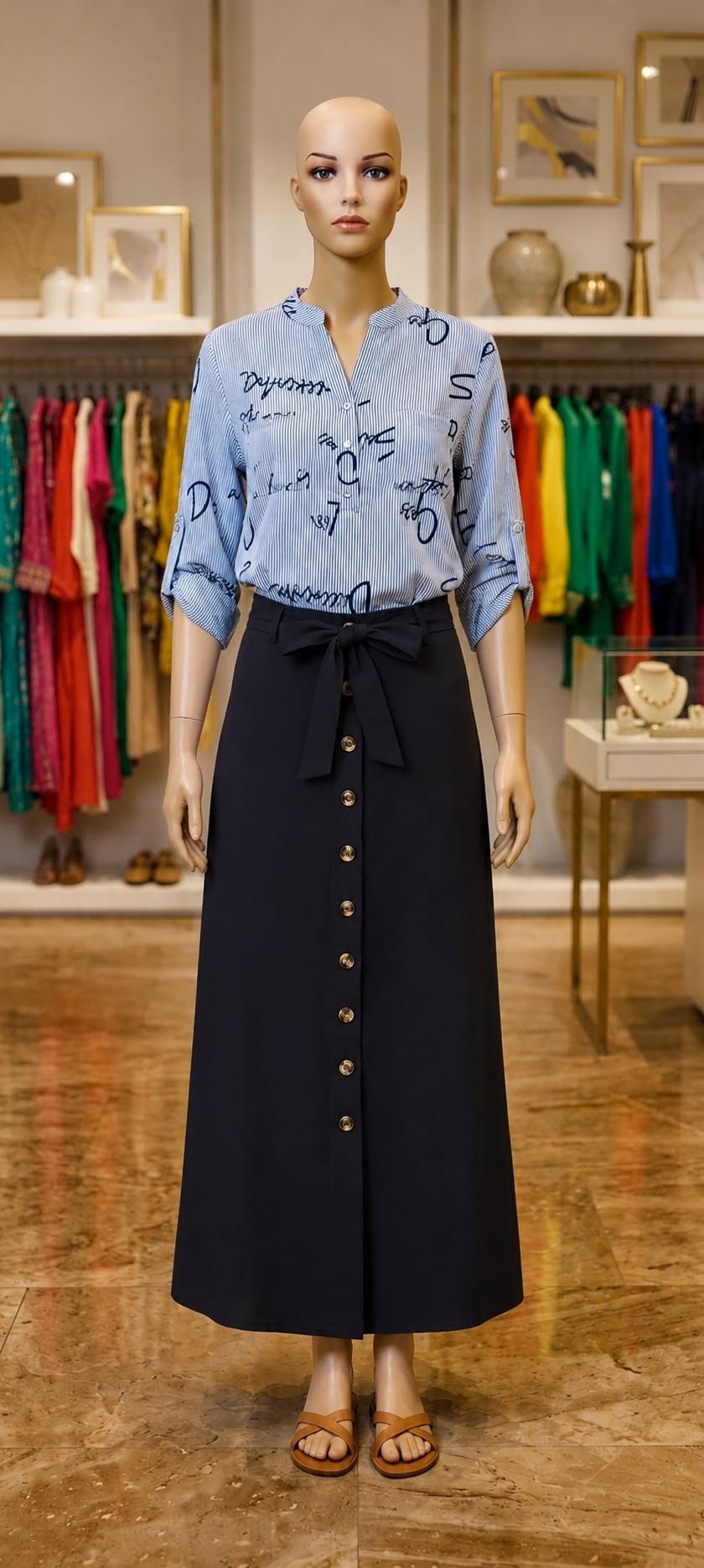 Blue Script Print Shirt with Navy Button-Down Maxi Skirt – Ladies Set