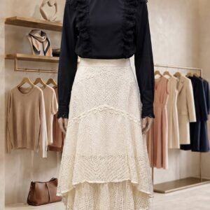 Black Lace Ruffle Top with Cream Crochet Tiered Skirt – Ladies Set