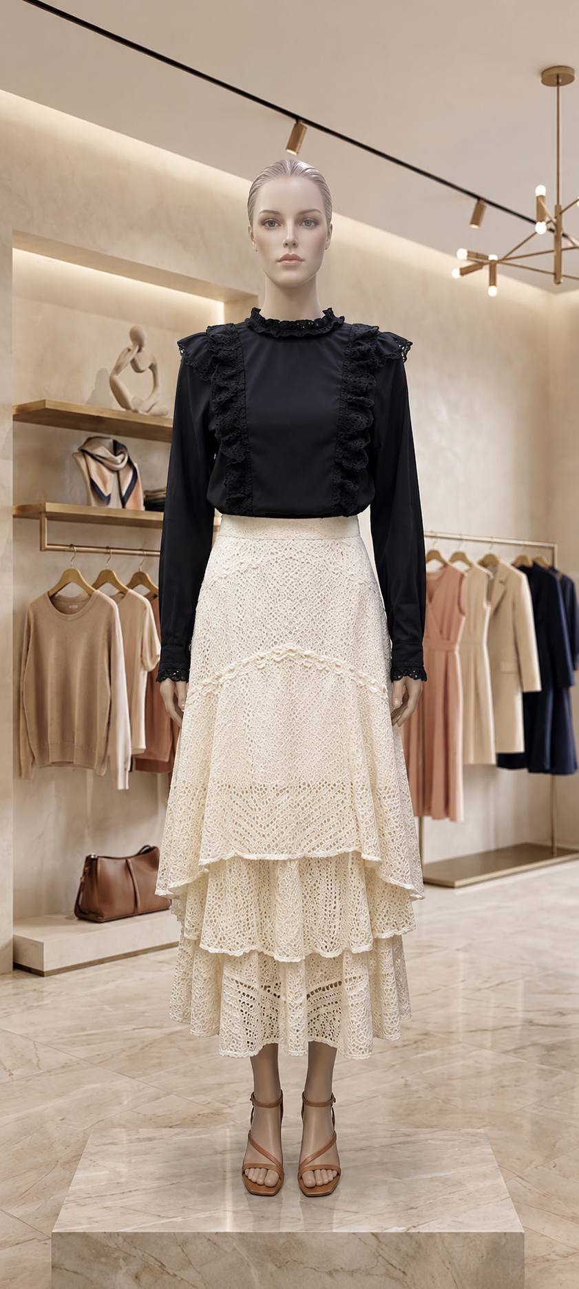 Black Lace Ruffle Top with Cream Crochet Tiered Skirt – Ladies Set