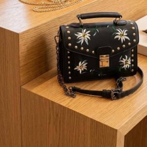 Black Floral Embroidered Studded Satchel Bag