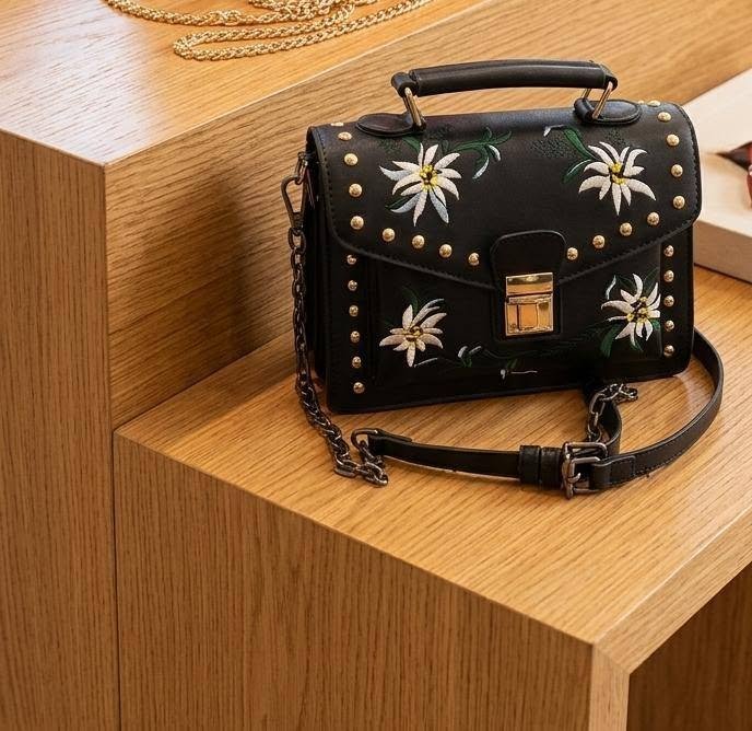 Black Floral Embroidered Studded Satchel Bag