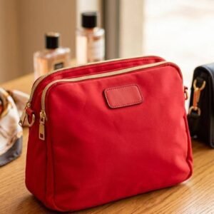 Red Nylon Crossbody Bag with Gold Chain Strap