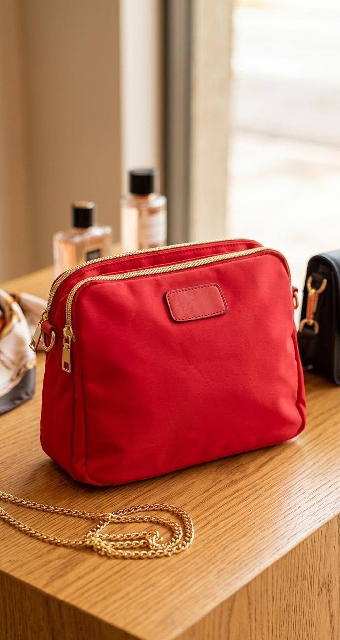 Red Nylon Crossbody Bag with Gold Chain Strap