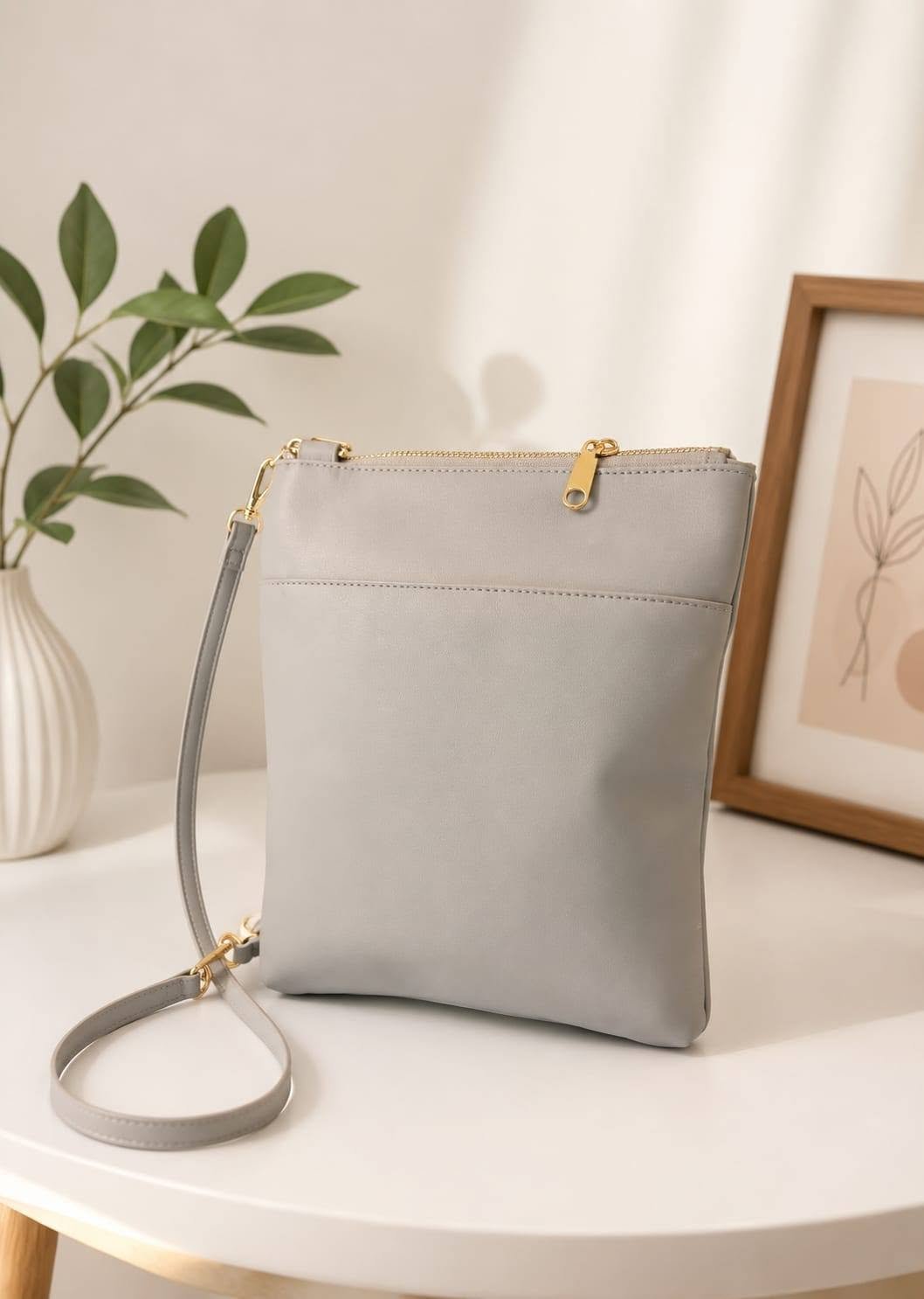 Grey Minimalist Crossbody Bag with Gold Hardware