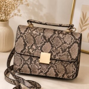 Snake Print Structured Flap Bag with Top Handle