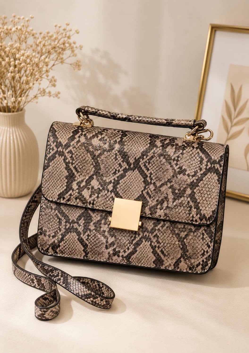 Snake Print Structured Flap Bag with Top Handle