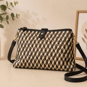 Geometric Print Crossbody Bag with Black Leather Trim