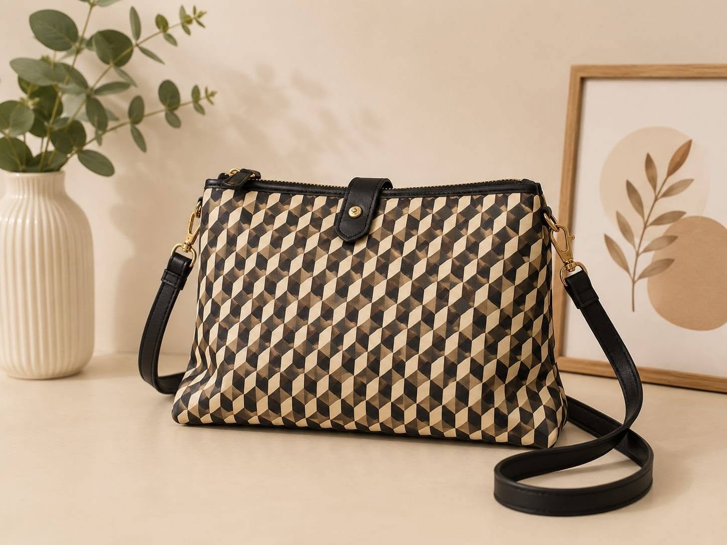 Geometric Print Crossbody Bag with Black Leather Trim