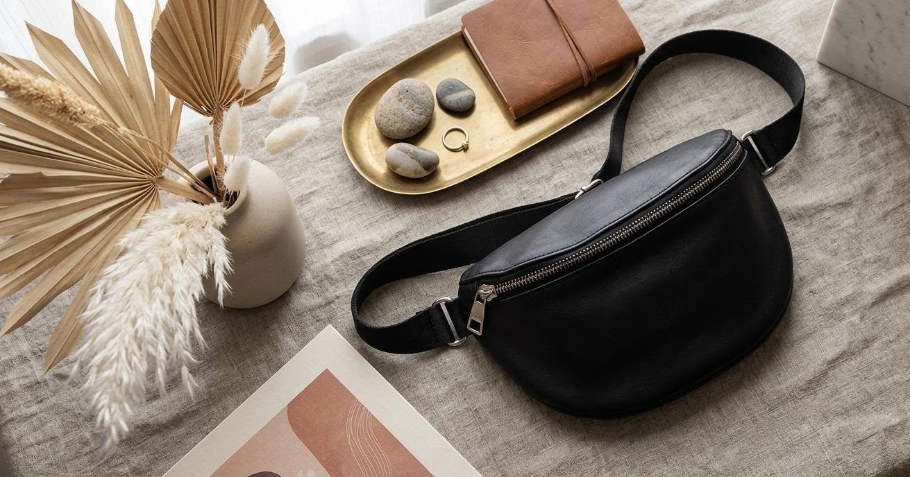 Black Leather Sling Bag / Waist Bag