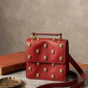 Red Leather Structured Bag with Gold Bee Studs