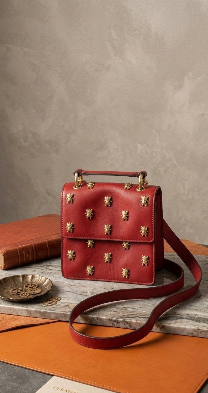 Red Leather Structured Bag with Gold Bee Studs