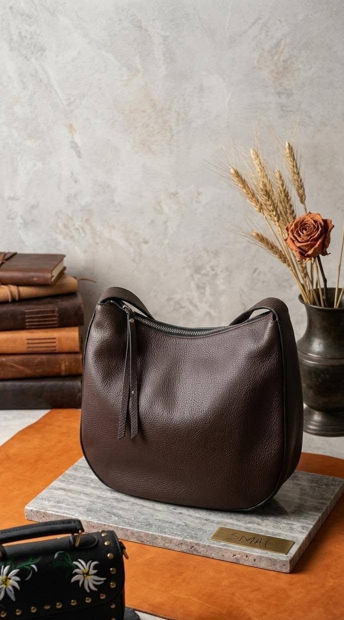 Brown Pebbled Leather Hobo Shoulder Bag