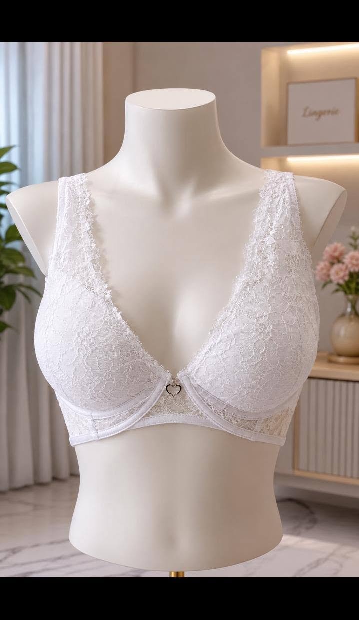 White Floral Lace Padded Bra with Heart Clasp