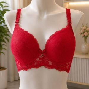 Red Floral Lace Padded Bra with Heart Charm