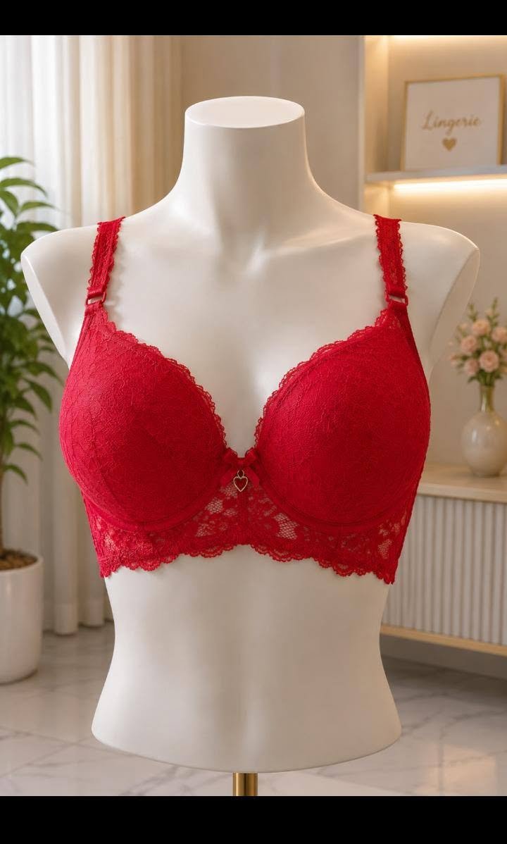 Red Floral Lace Padded Bra with Heart Charm