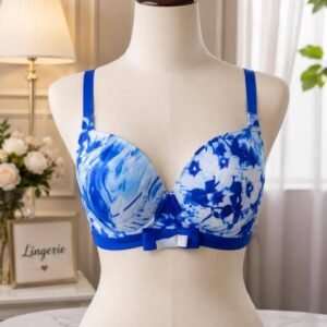 Blue Floral Print Padded Bra with Bow Detail