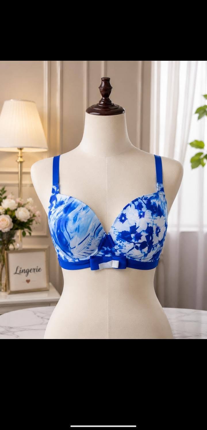 Blue Floral Print Padded Bra with Bow Detail
