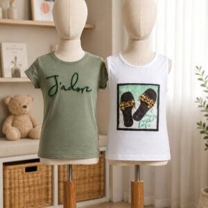 Kids Graphic T-Shirt Set - Green J'adore Tee & White Sandals Print Tank