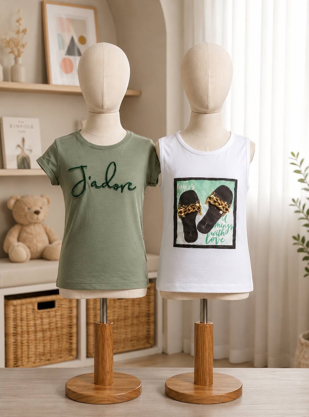 Kids Graphic T-Shirt Set - Green J'adore Tee & White Sandals Print Tank