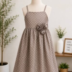 Kids Brown Polka Dot Dress with Flower Applique