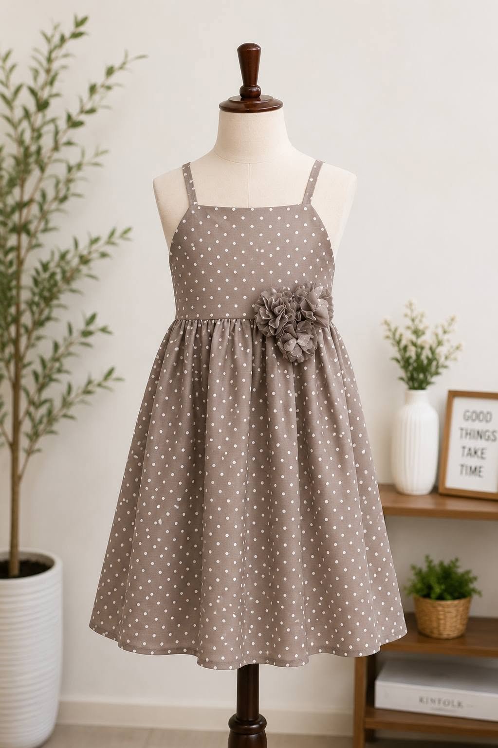 Kids Brown Polka Dot Dress with Flower Applique