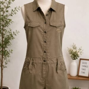 Olive Sleeveless Collared Romper with Pockets