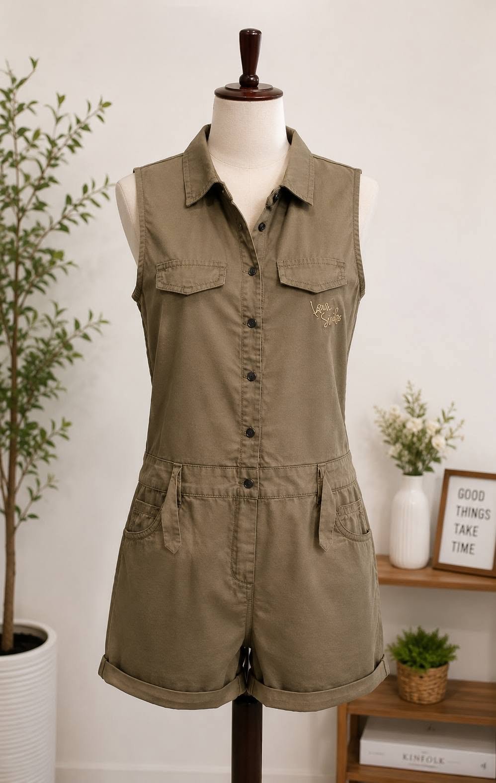 Olive Sleeveless Collared Romper with Pockets