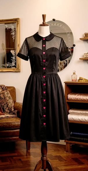 Black Mesh Yoke Heart Button Frock – Ladies Premium