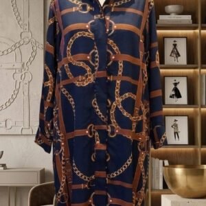Navy Blue Chain Print Long Shirt Dress – Ladies