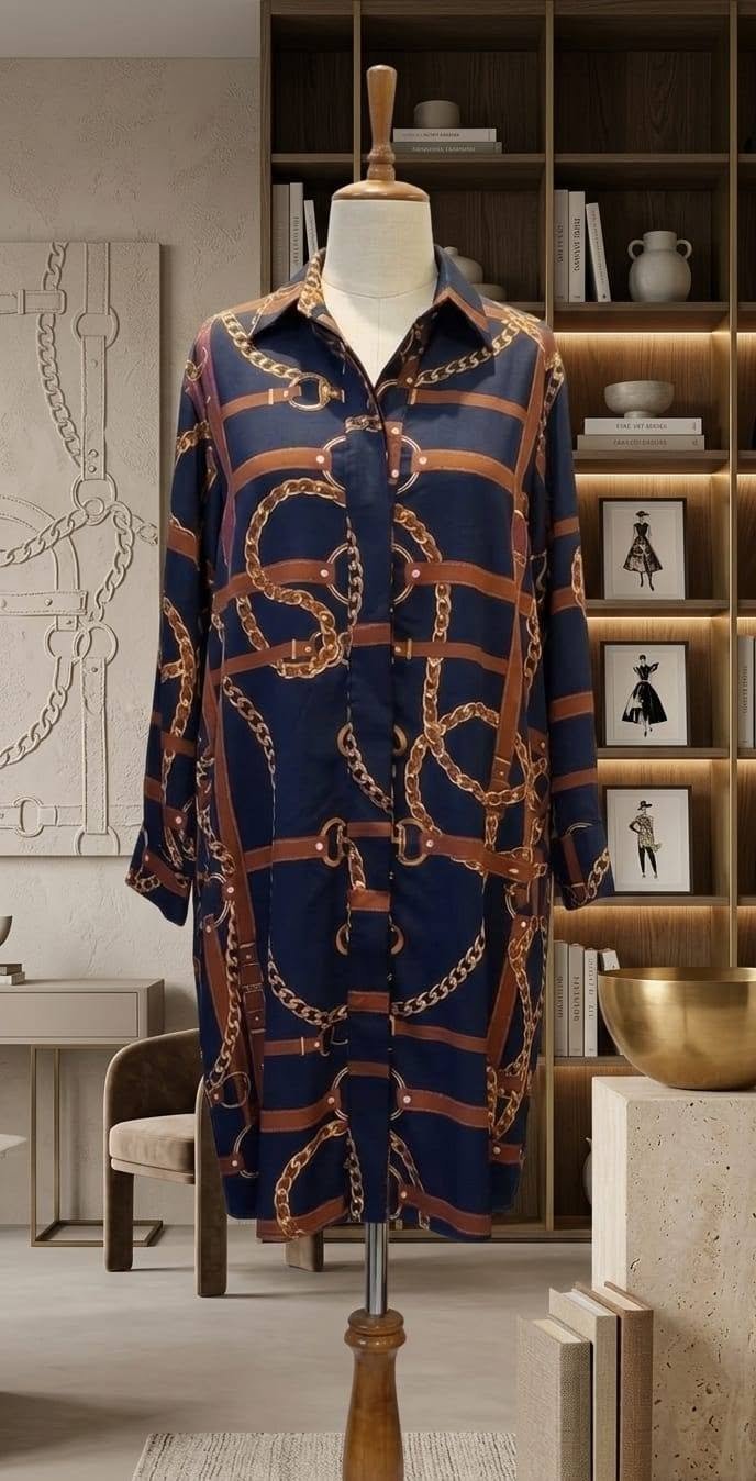 Navy Blue Chain Print Long Shirt Dress – Ladies
