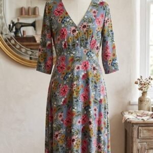 Grey Wildflower Print V-Neck Maxi Dress – Ladies