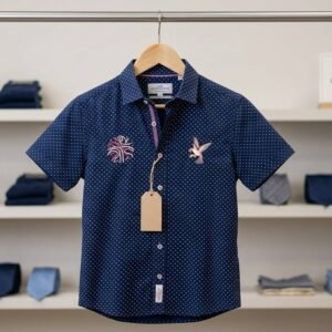 Navy Polka Dot Short Sleeve Shirt with Bird Embroidery