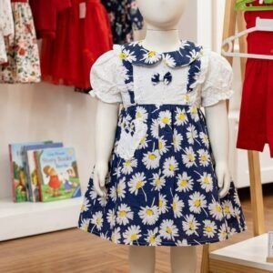 Navy Daisy Print Pinafore Dress with Eyelet Collar